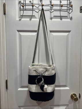 Wayuu Tribe Navy & White Striped Shoulder Bag with Pom-Poms